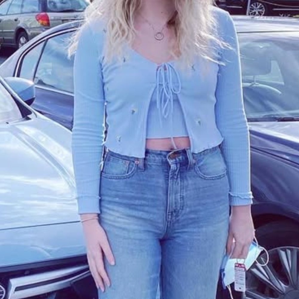 Bershka Blue Tie Front Crop Blouse